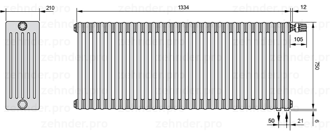 Схема (чертеж) Радиатор Zehnder Charleston 6075/29 №V002 Белый глянцевый RAL 9016